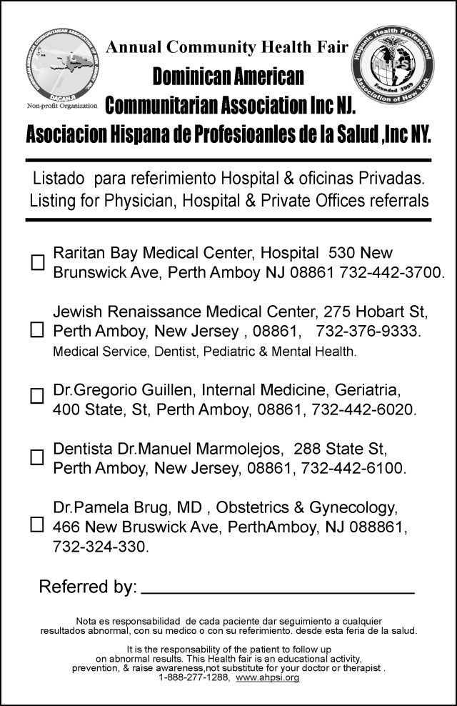 Perth Amboy Community Health , Medical  Referral ,2014