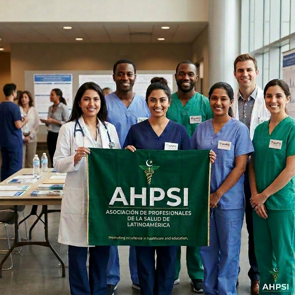 Seven diverse healthcare professionals standing and holding a green AHPSI banner
