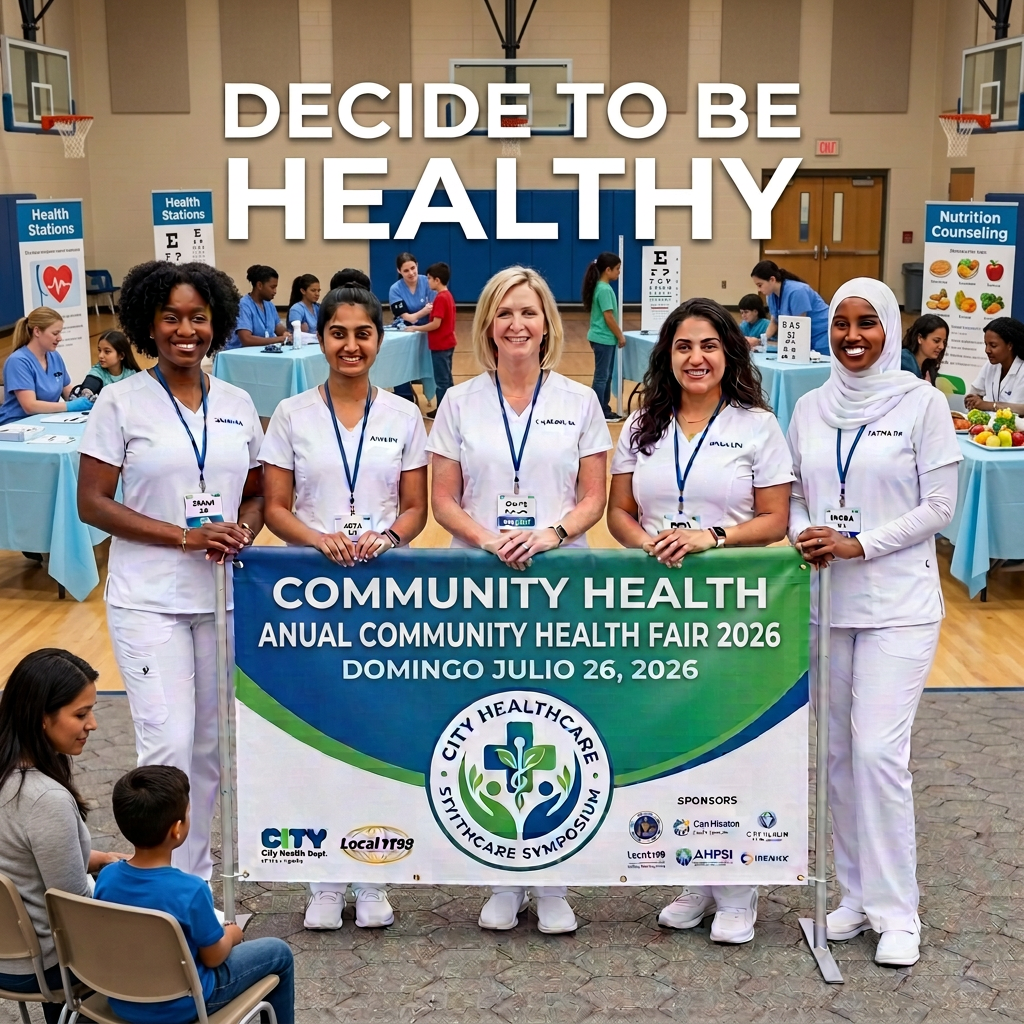 Five healthcare professionals in white uniforms holding Community Health Now 2024 banner outdoors